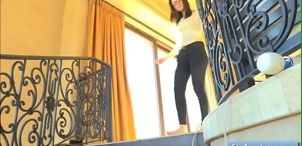  Lovely natural busty brunette teen amateur Brooke fuck her juicy shaved pussy with large sex vibrator on the stairs